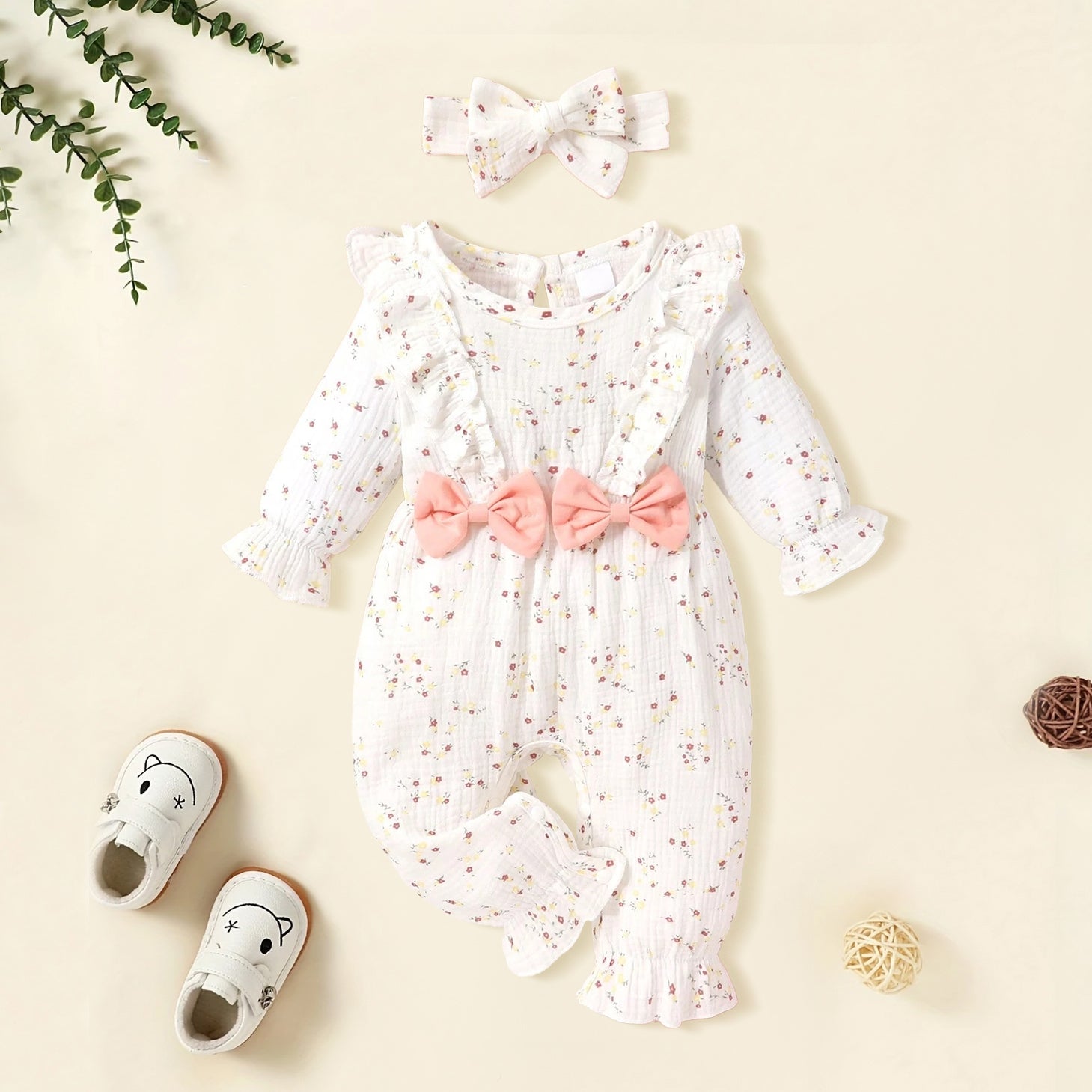 2PCS Lovely Floral Printed Ruffle Baby Jumpsuit