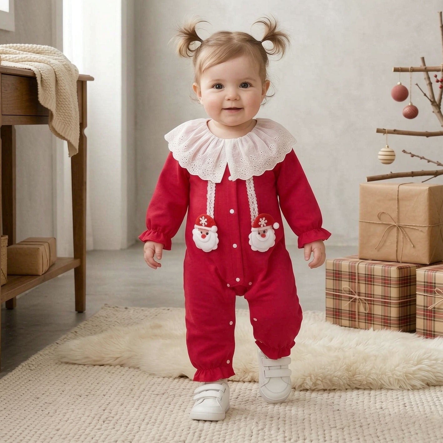 Christmas Santa Claus Appliqué Long Sleeve Baby Jumpsuit