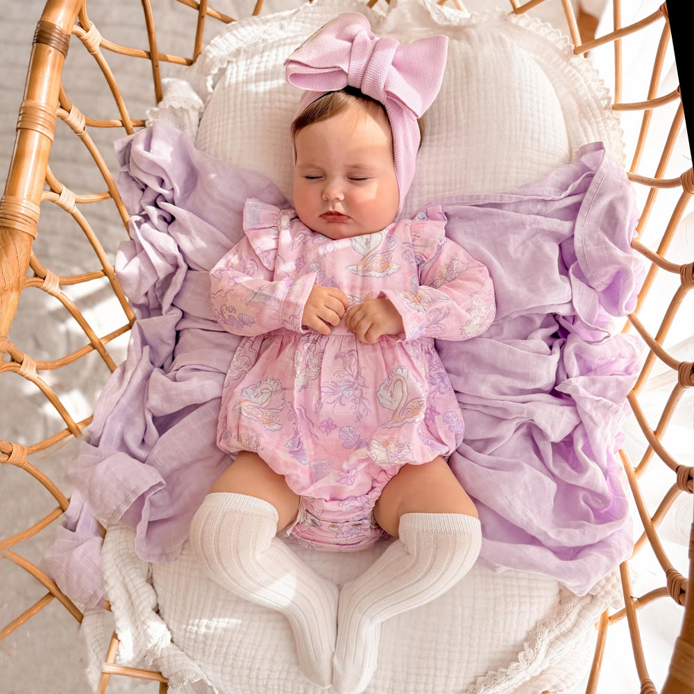 Whimsical Swan and Floral Printed Long Sleeve Baby Romper