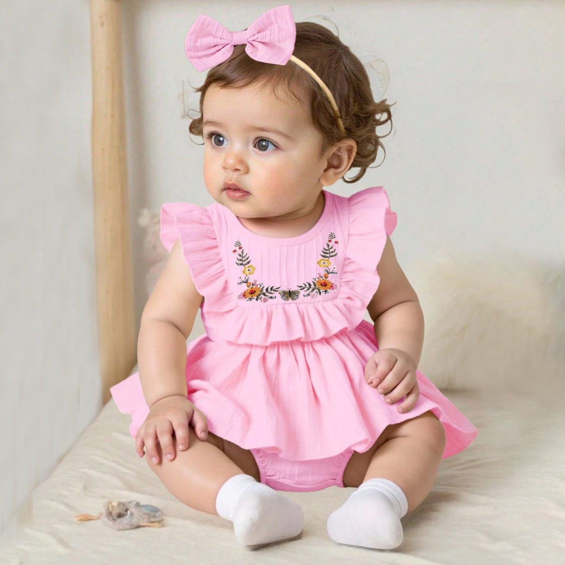 2PCS Quirky Floral Embroidery Sleeveless Baby Romper