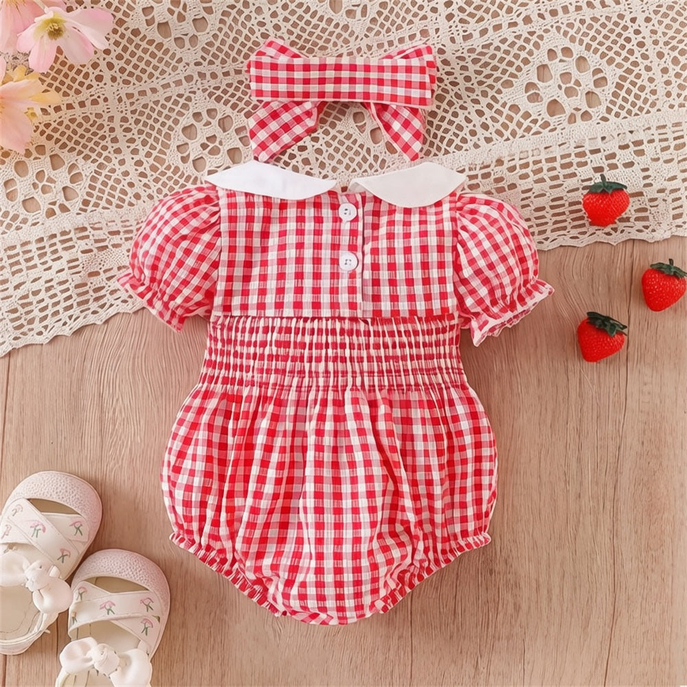 2PCS Vibrant Strawberry Plaid Print Baby Romper