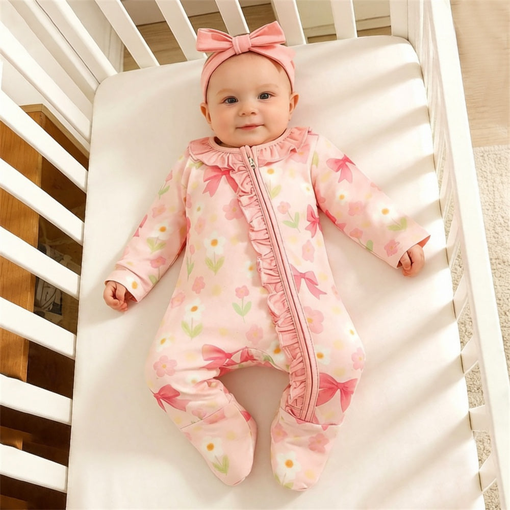 2PCS Adorable Floral Print Ruffle Zipper Baby Jumpsuit