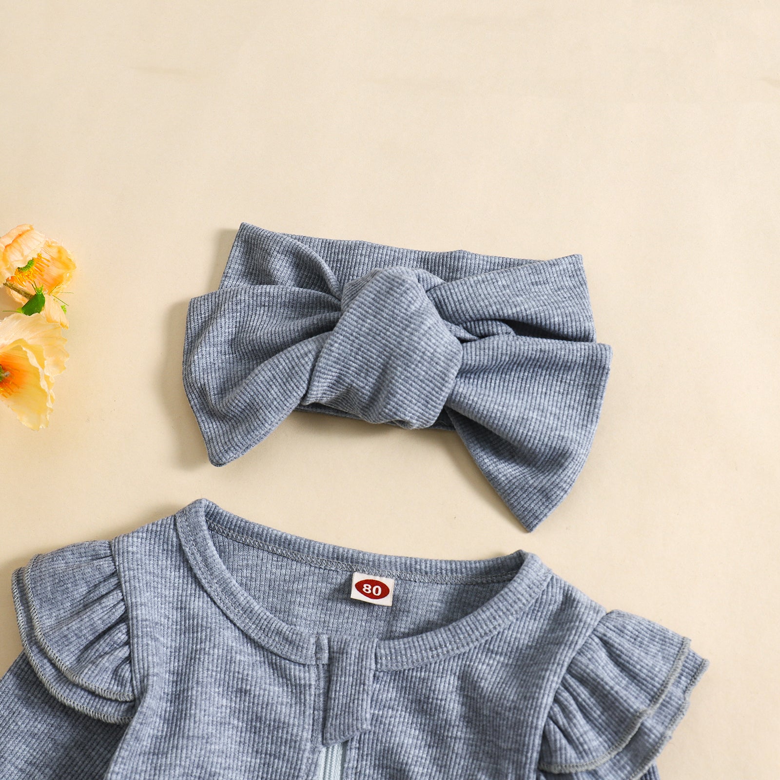 2PCS Delicate Solid Color Long Sleeve Baby Jumpsuit