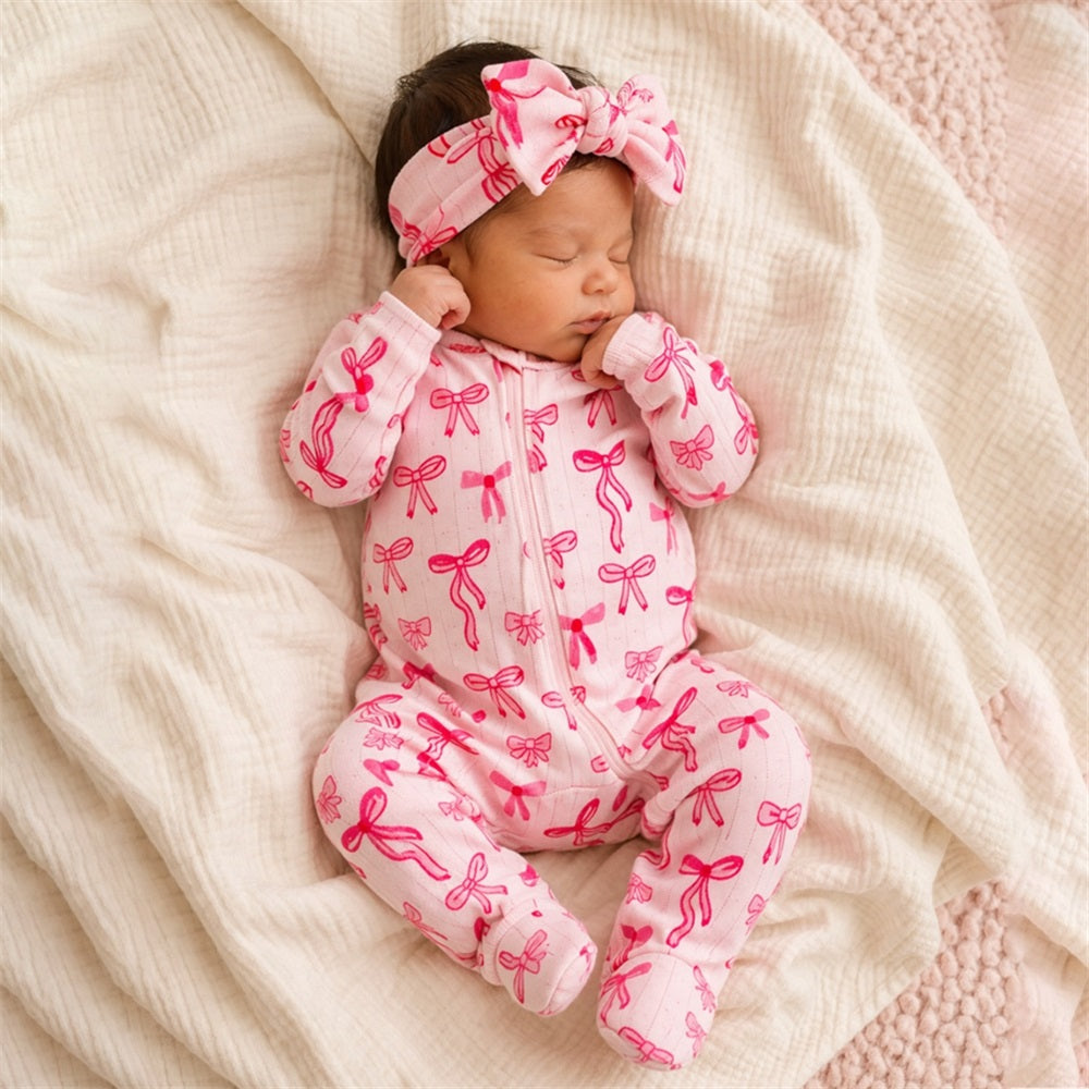 2PCS Casual Bow Printed Long Sleeve Zipper Baby Jumpsuit