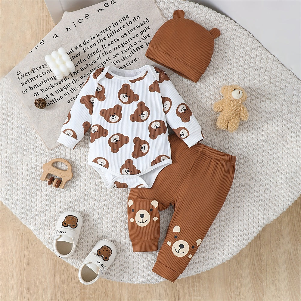 3PCS Casual Cute Bear Print Long Sleeve Baby Set