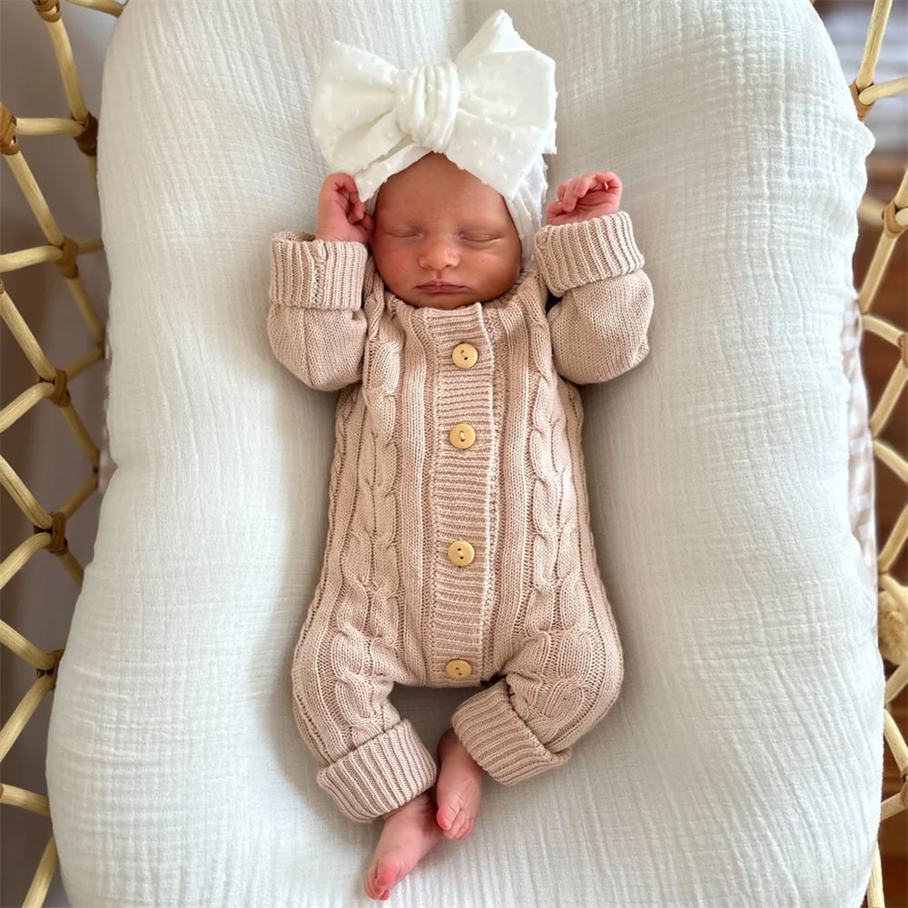 2PCS Cozy Knit Solid Color Long Sleeve Baby Jumpsuit
