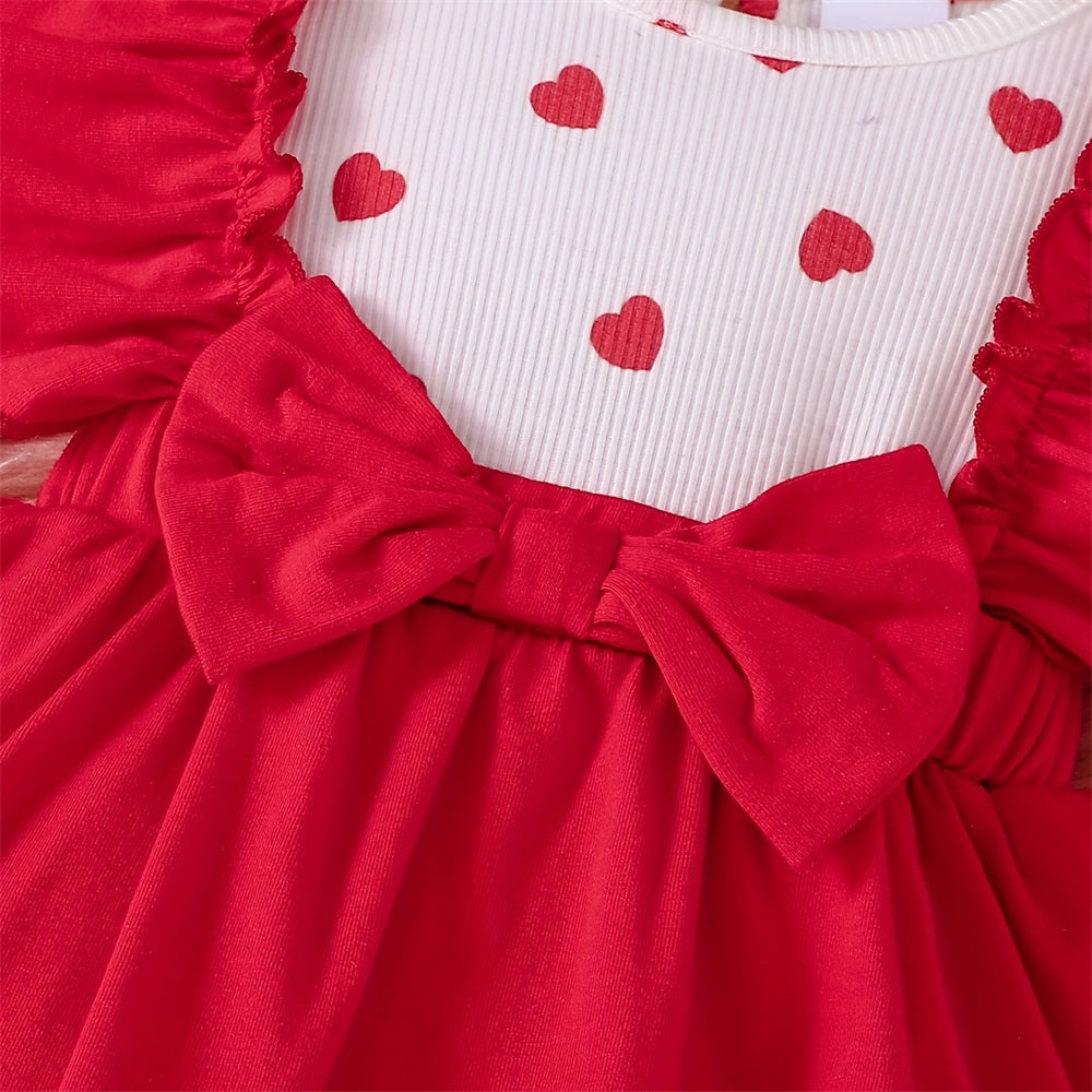 2PCS Cute Heart Print Ruffle Trim Long Sleeve Baby Romper