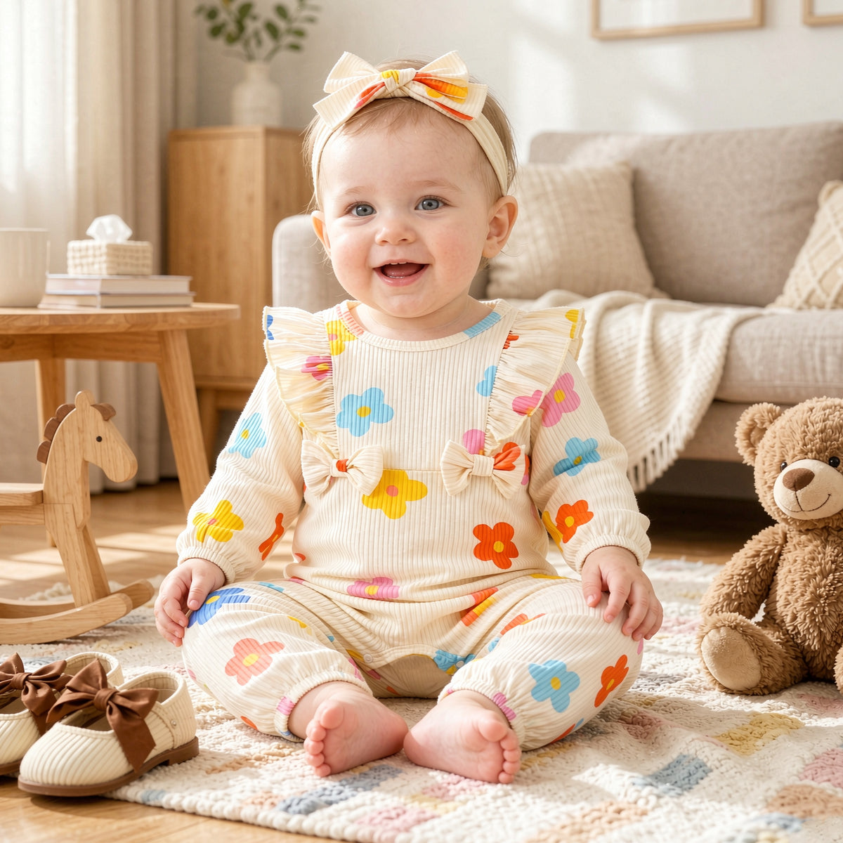 2PCS Bubbly Floral Print Long Sleeve Baby Girl Jumpsuit