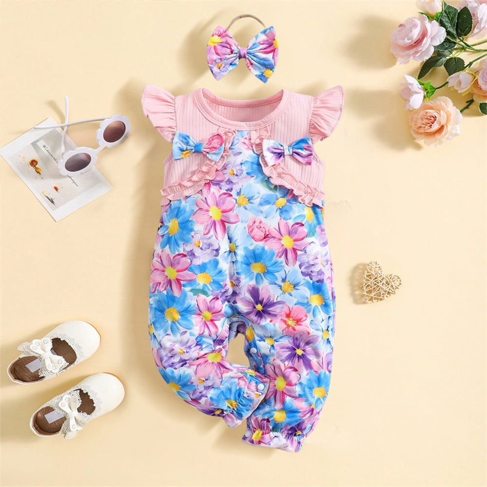 2PCS Pretty Floral Printed Sleeveless Baby Jumpsuit