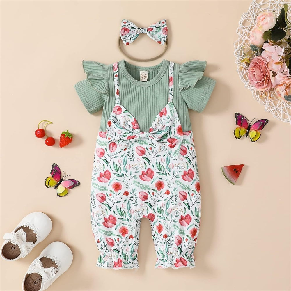 2PCS Casual Floral Printed Bow Short Sleeve Baby Jumpsuit