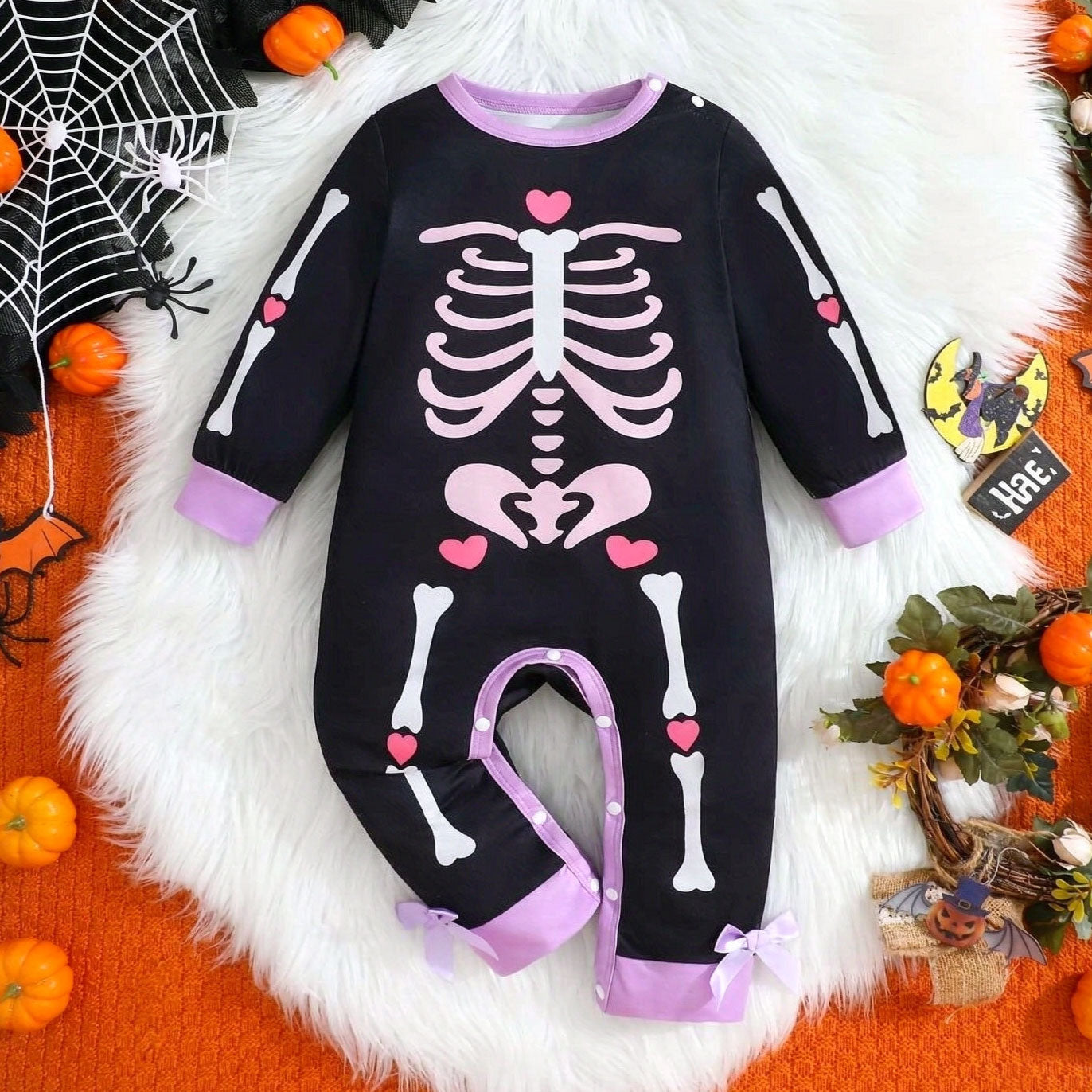 Cute Halloween Cartoon Skeleton Print Long Sleeve Baby Jumpsuit