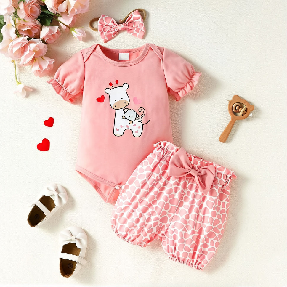 3PCS Cute Giraffe Leopard Printed Short Sleeve Baby Set