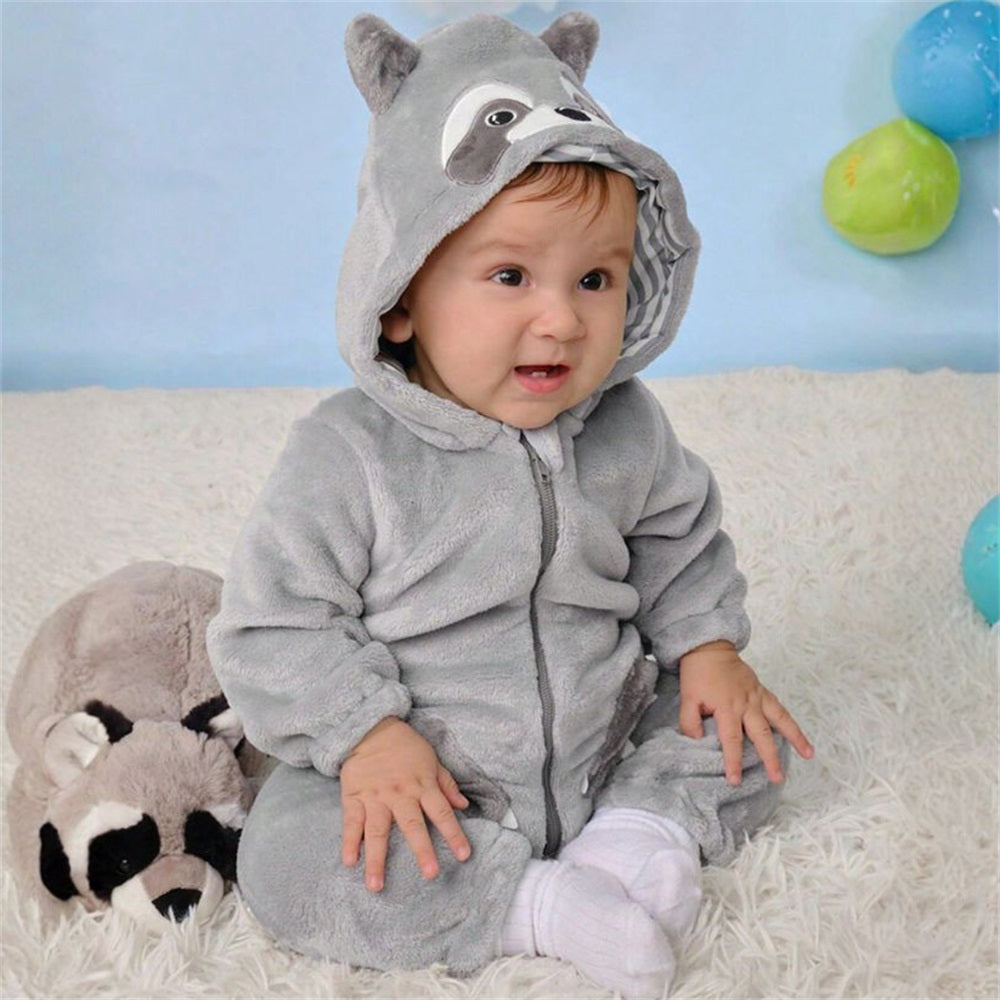 Cute Plush Raccoon Print Long Sleeve Hooded Baby Jumpsuit