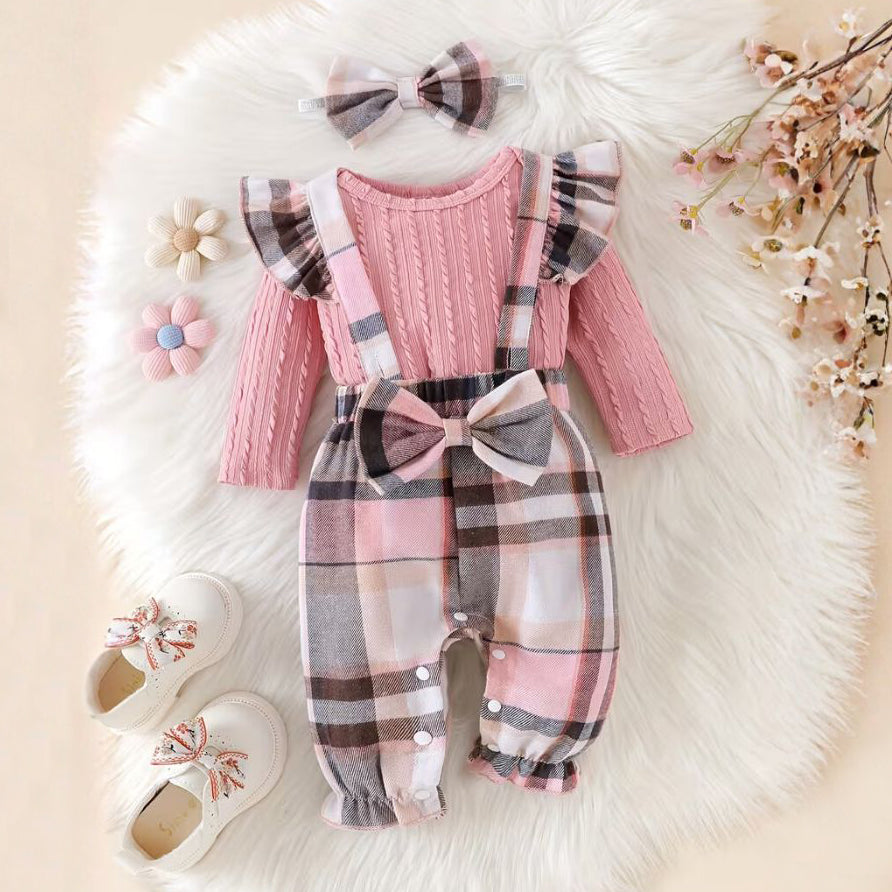 3PCS Grace Plaid Printed Suspender Baby Set