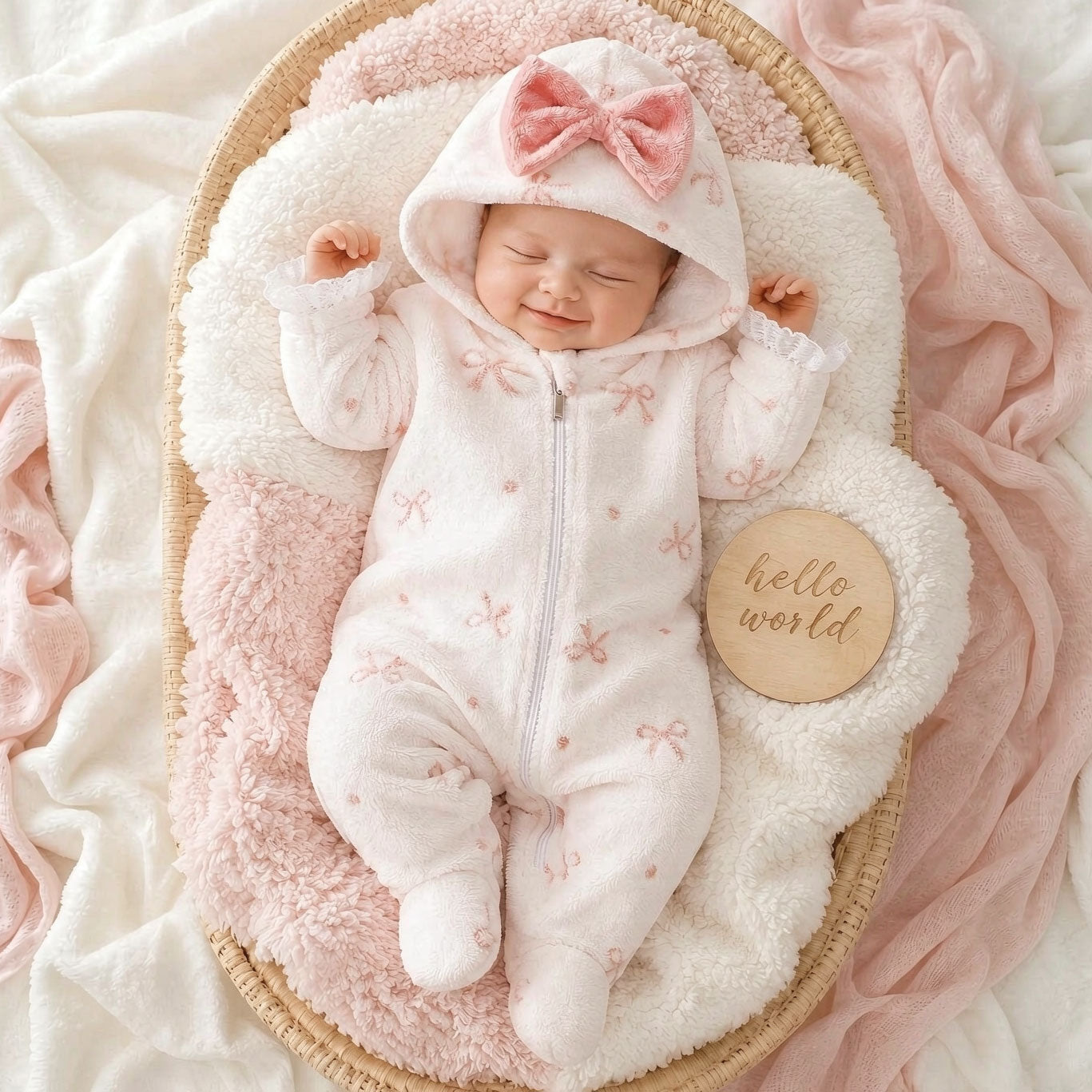 Grace Bow Printed Fuzzy Hoodie Zipper Baby Girl Jumpsuit