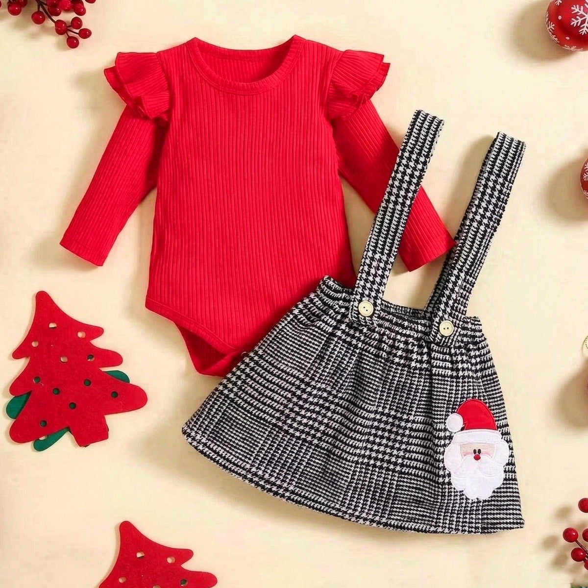 2PCS Sweet Santa Applique Houndstooth Print Long Sleeve Baby Girl Set