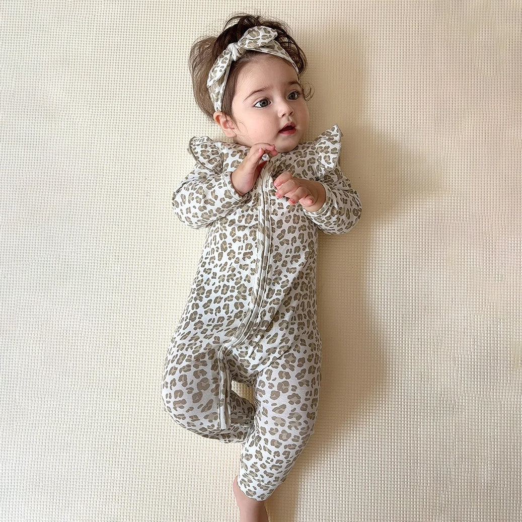 2PCS Allover Leopard Printed Zipper Baby Jumpsuit
