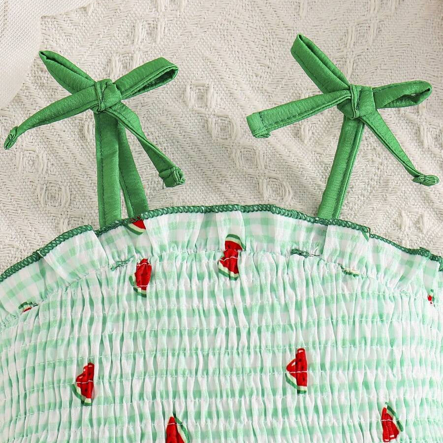 Lovely Watermelon Plaid Print Sleeveless Baby Jumpsuit