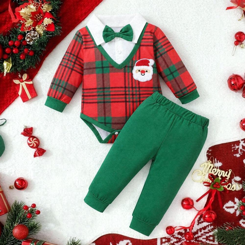 2PCS Dapper Santa Applique Plaid Print Long Sleeve Baby Boy Set