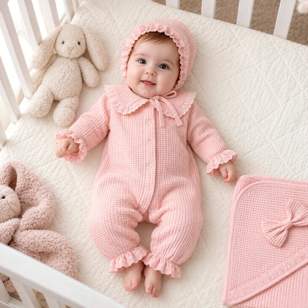 2PCS Sweet Solid Color Waffle Long Sleeve Baby Girl Jumpsuit