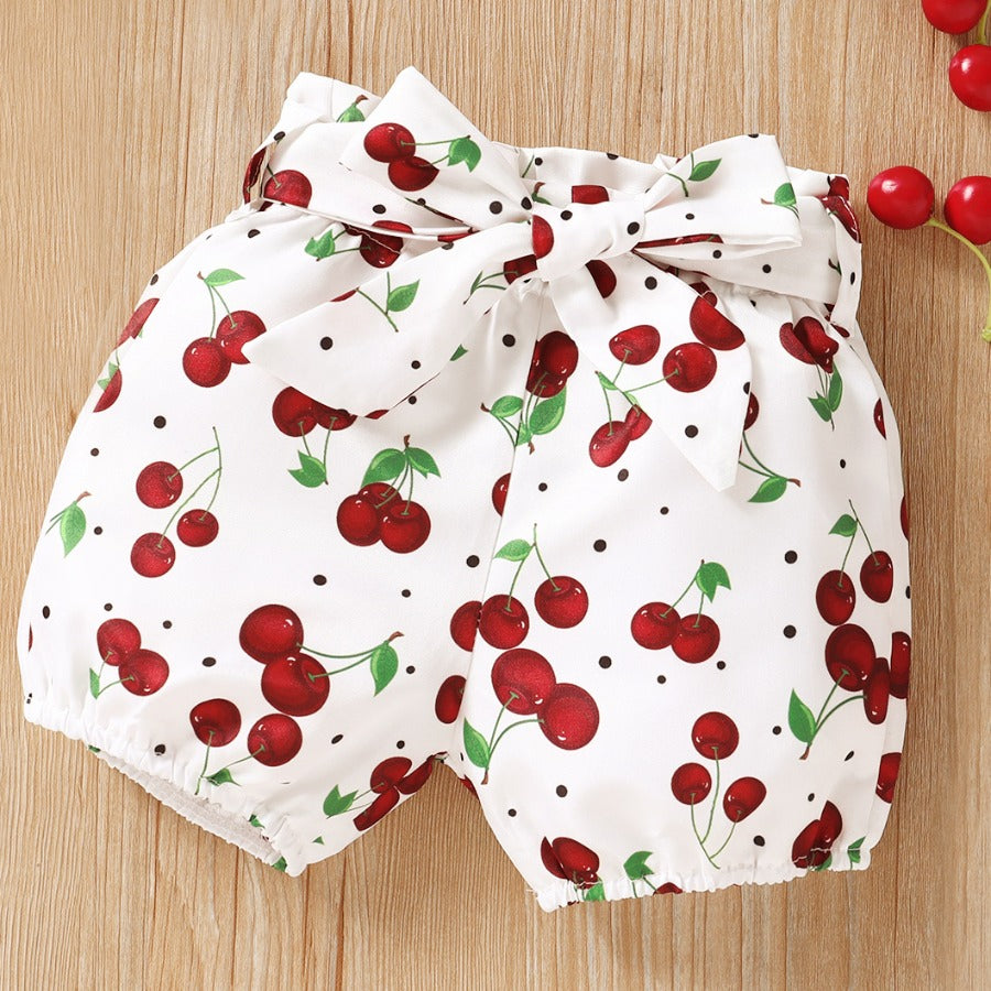 3PCS Adorable Cherry Print Bow Short Sleeve Baby Set