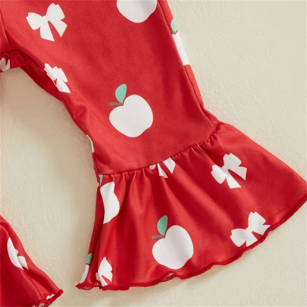 3PCS Apple and Bow Print Long Sleeve Baby Set