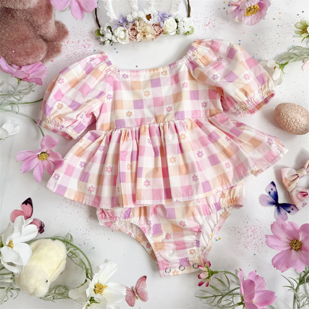 2PCS Sweet Plaid and Floral Printed Short Sleeve Baby Romper