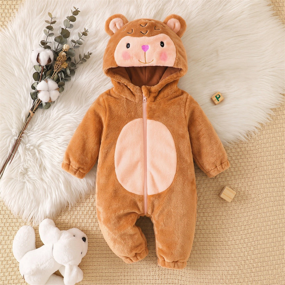 Fuzzy 3D Monkey Printed Zipper Long Sleeve Baby Hoodie Jumpsuit