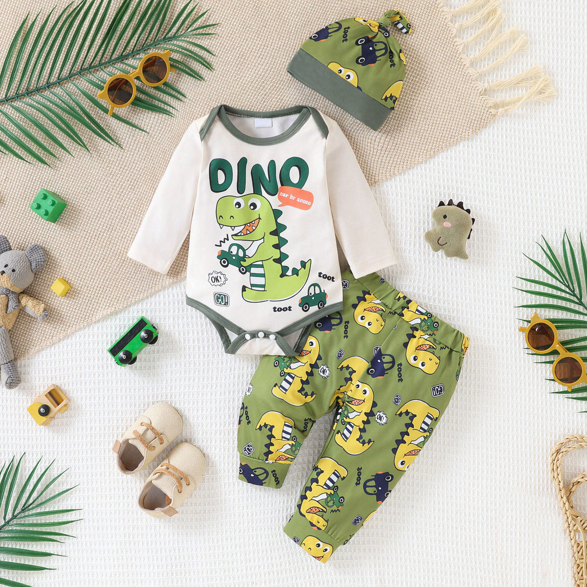 3PCS Adorable Dinosaur Print Long Sleeve Baby Set