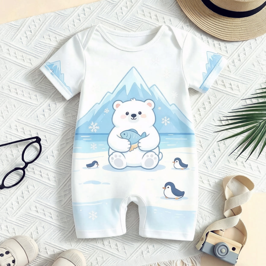 Cozy Polar Bear & Penguin Printed Short Sleeve Baby Jumpsuit