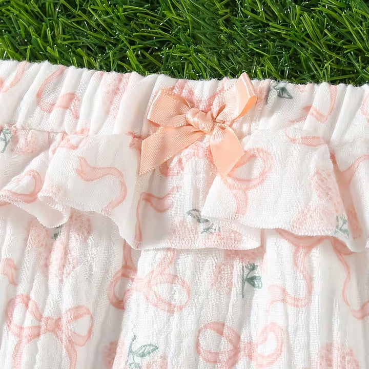 2PCS Quirky Bow Floral Printed Sleeveless Baby Romper