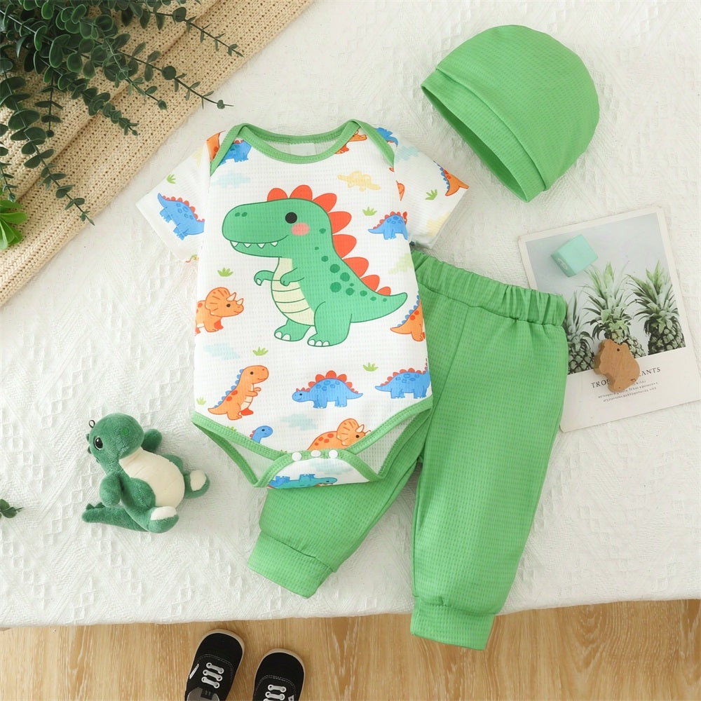 3PCS Cute Cartoon Dinosaur Print Short Sleeve Baby Boy Set