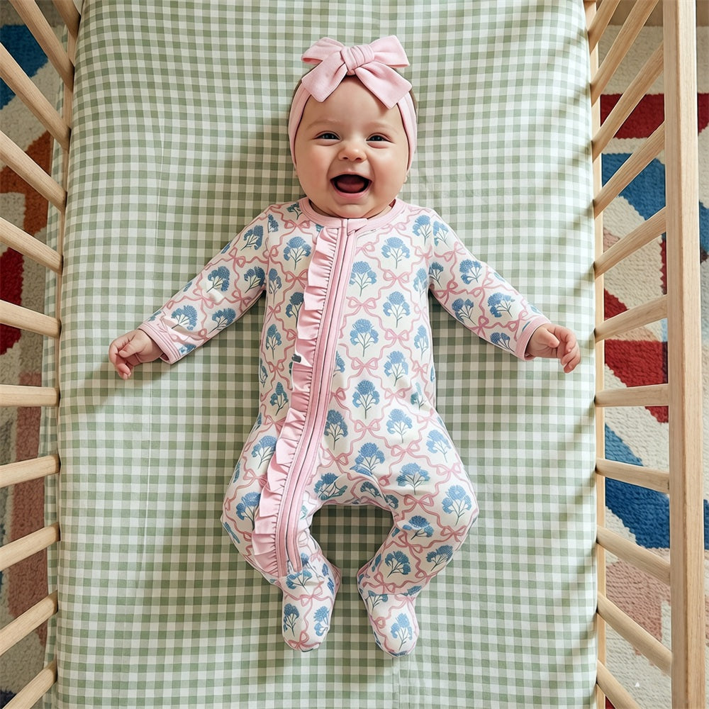 2PCS Adorable Floral Print Ruffle Zipper Long Sleeve Baby Jumpsuit