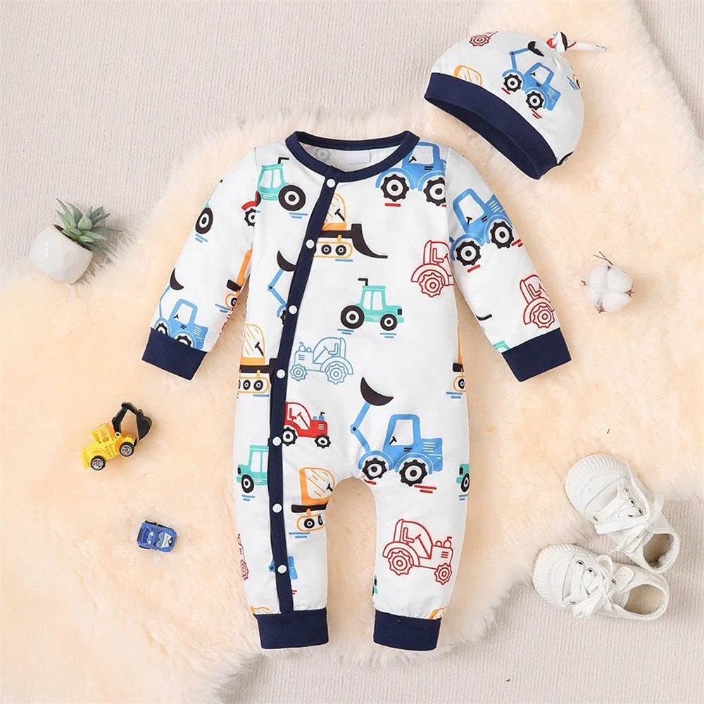 2PCS Cute Cartoon Loader Print Long Sleeve Baby Jumpsuit