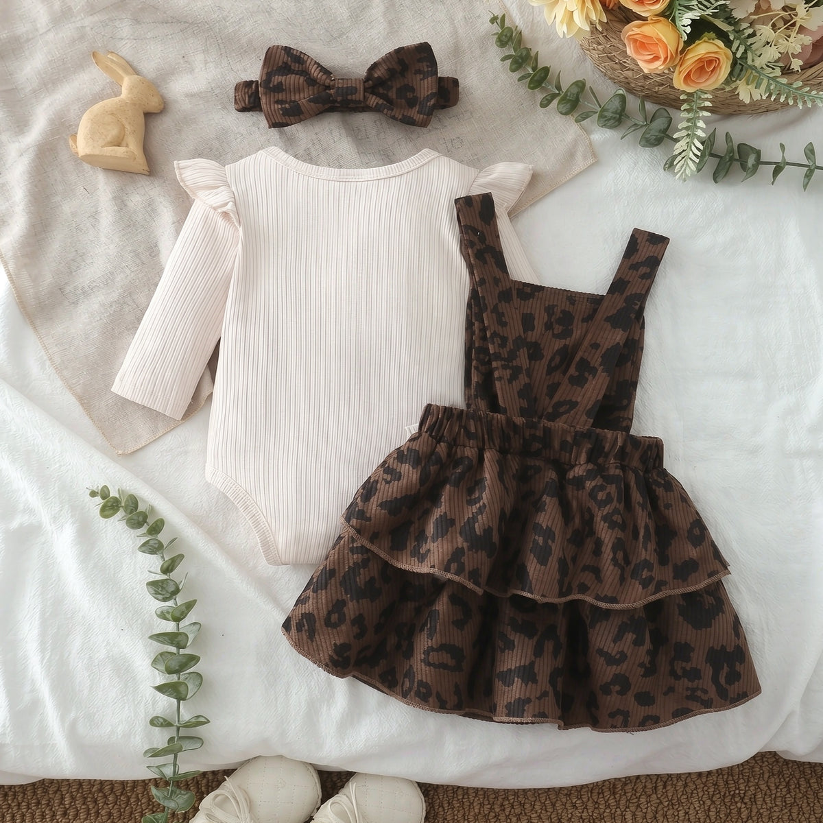 3PCS Exquisite Leopard Print Long Sleeve Baby Suspender Set
