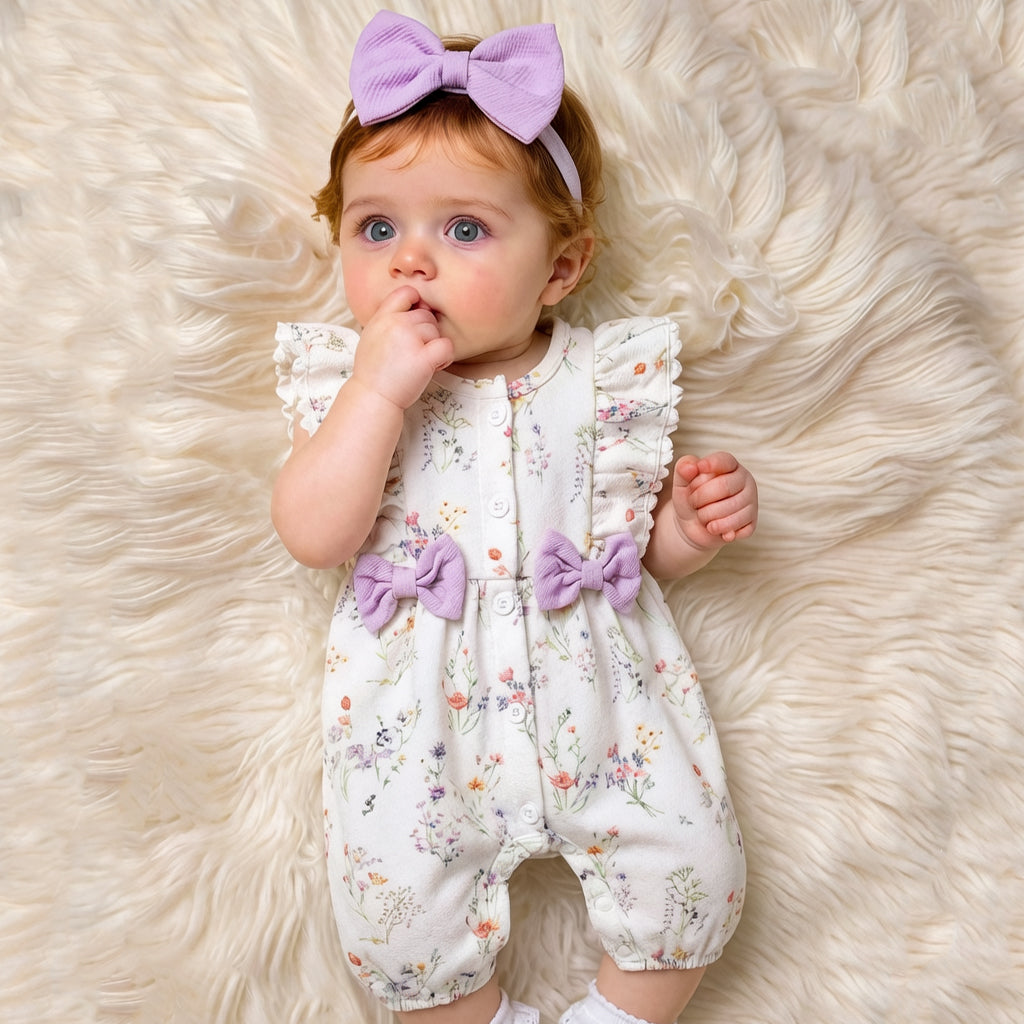 2PCS Floral Print Bow Flutter Sleeve Baby Jumpsuit