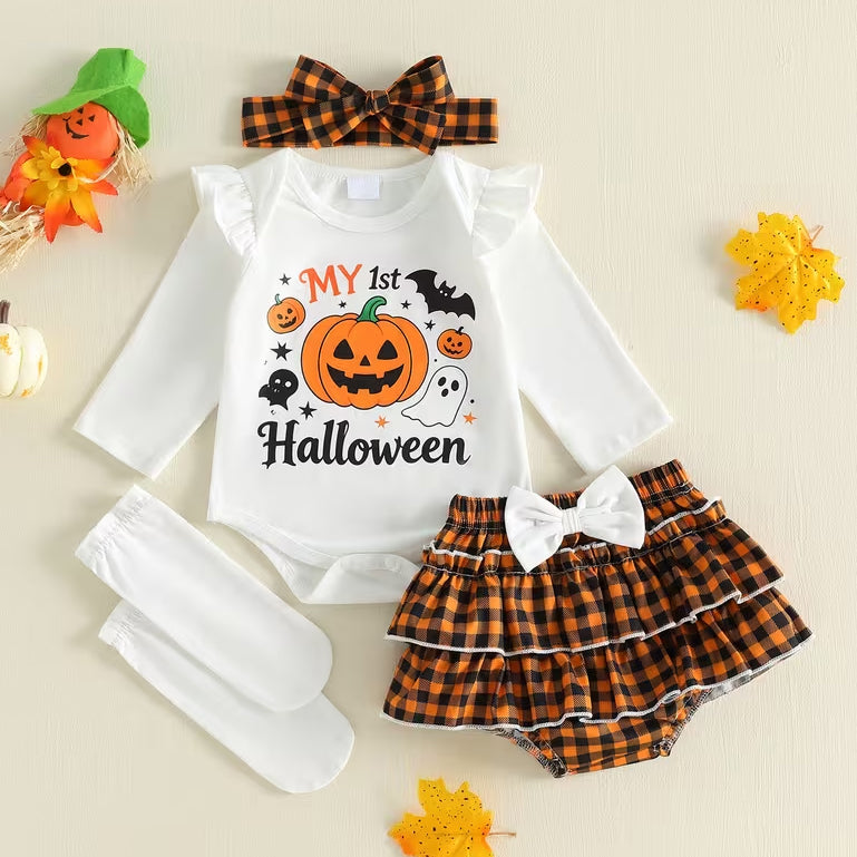 4PCS Cute My 1st Halloween Letter Plaid Printed Long Sleeve Baby Set