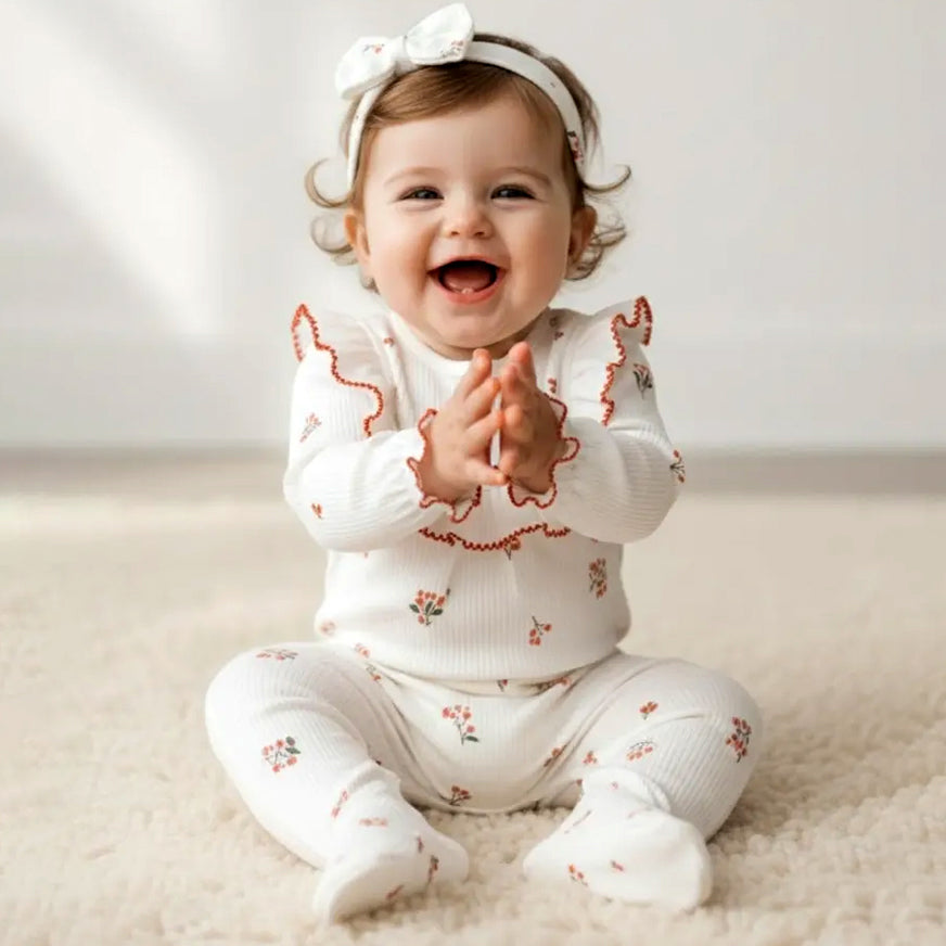 2PCS Sweet Floral Print Ruffled Collar Long Sleeve Baby Jumpsuit