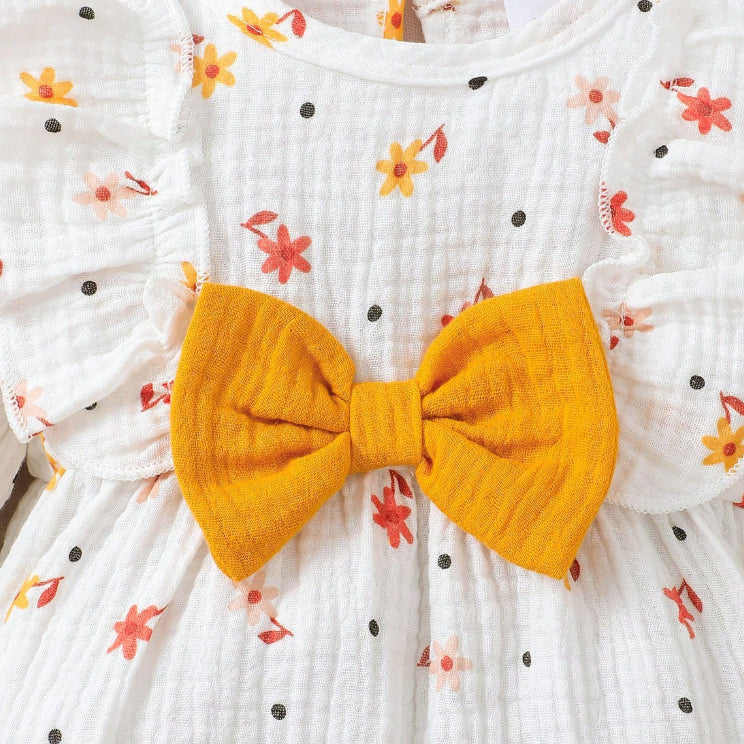 Allover Lovely Floral Printed Bow Long Sleeve Baby Jumpsuit