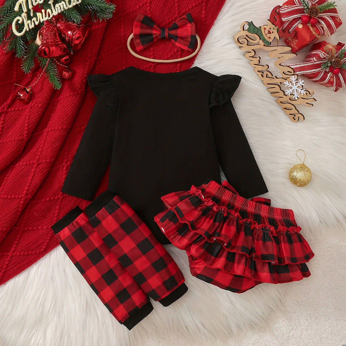 4PCS Baby Girl My 1st Christmas Letter Plaid Print Long Sleeve Set