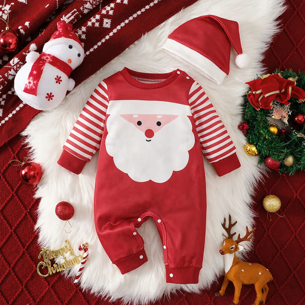 2PCS Sweet Santa Stripe Print Long Sleeve Baby Christmas Jumpsuit