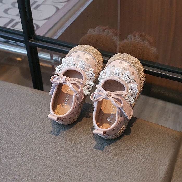 Sweet Lace Bow Polka Dot Hook And Loop Baby Shoes
