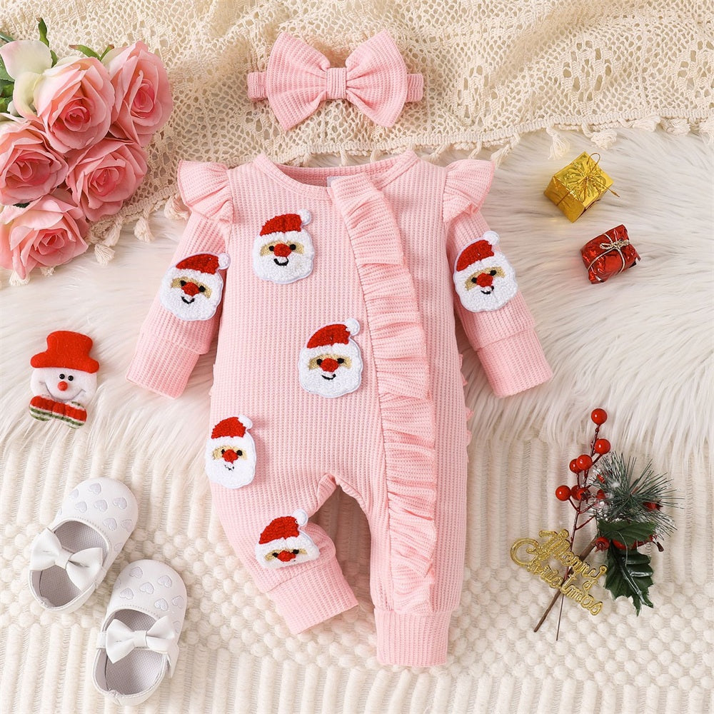 2PCS Delightful Christmas Santa Claus Applique Zipper Baby Jumpsuit
