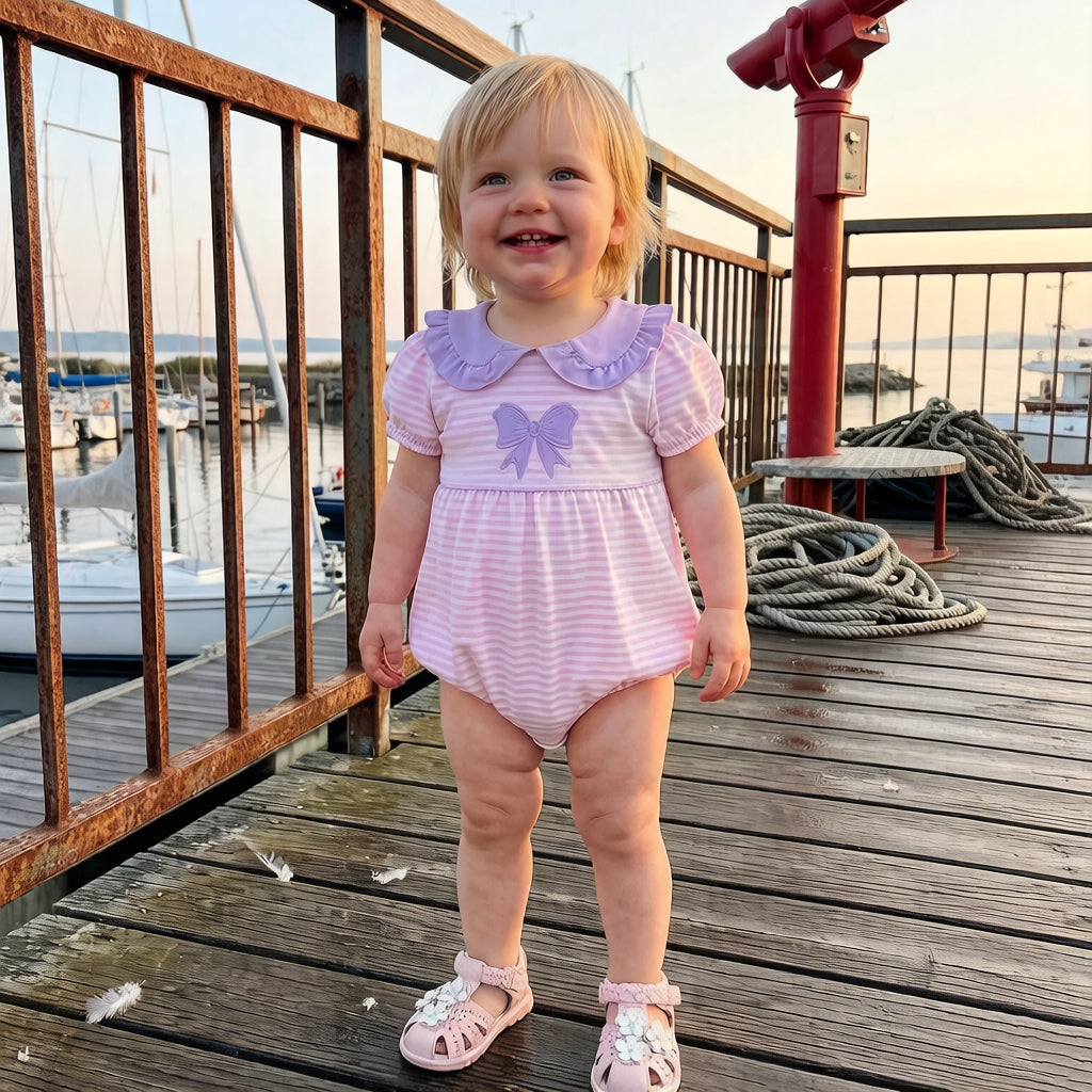Grace Bow Embroidery Stripe Print Short Sleeve Baby Romper