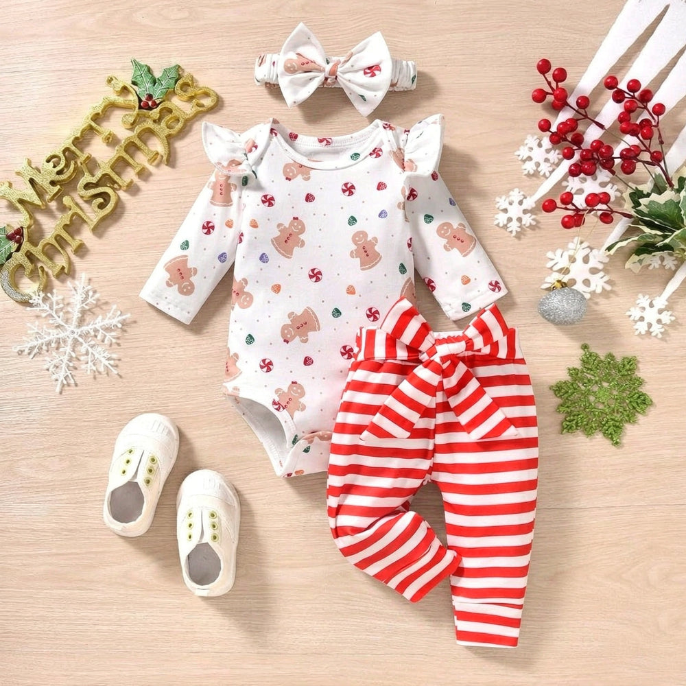3PCS Christmas Gingerbread Stripe Printed Long Sleeve Baby Girl Set