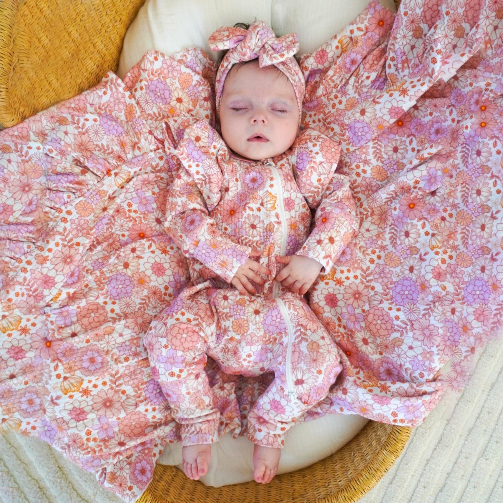 2PCS Charming Floral Print Ruffle Zipper Baby Jumpsuit