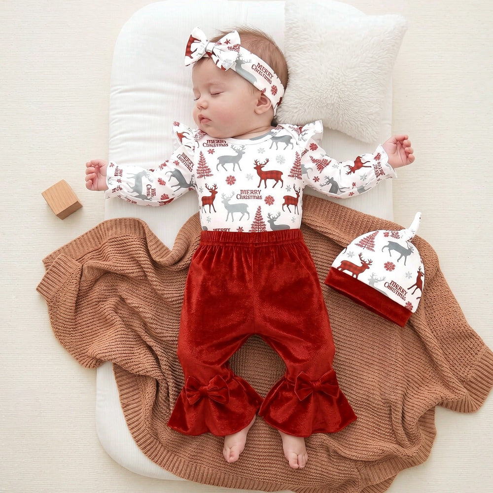 4PCS Sweet Merry Christmas Letter Reindeer Print Long Sleeve Baby Girl Velvet Set