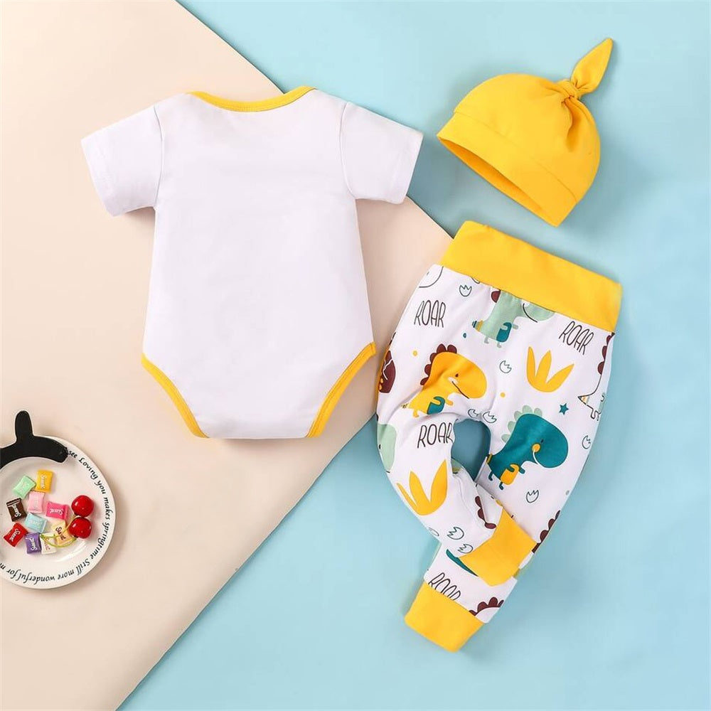 3PCS Cute Cartoon Dinosaur Printed Short Sleeve Baby Set
