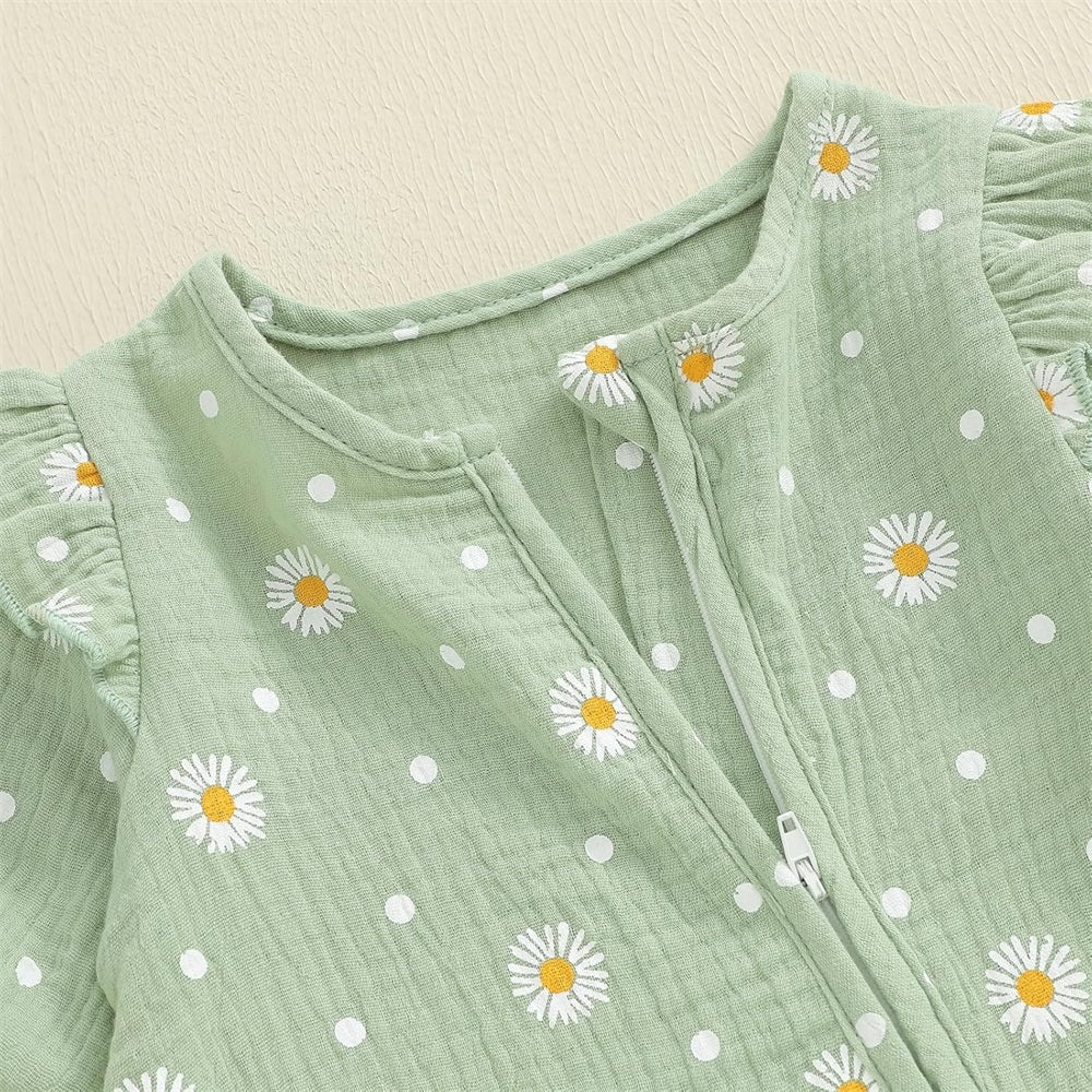 Casual Daisy Print Long Sleeve Zipper Baby Jumpsuit