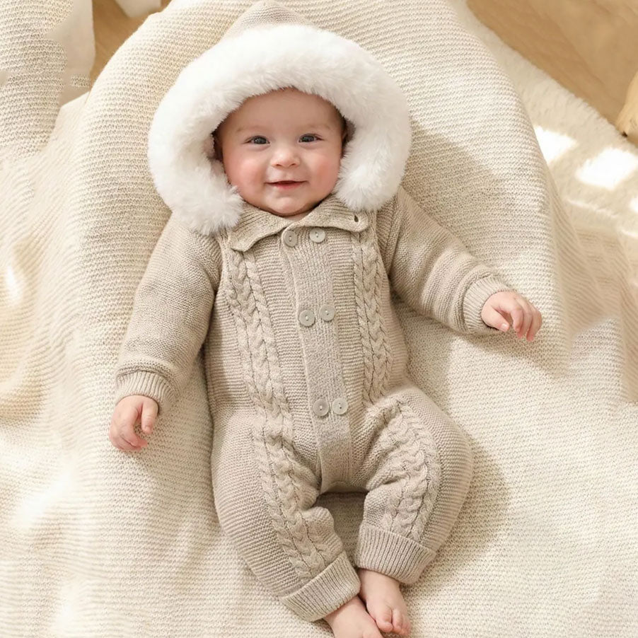 Comfy Solid Color Knit Fuzzy Long Sleeve Hoodie Baby Jumpsuit